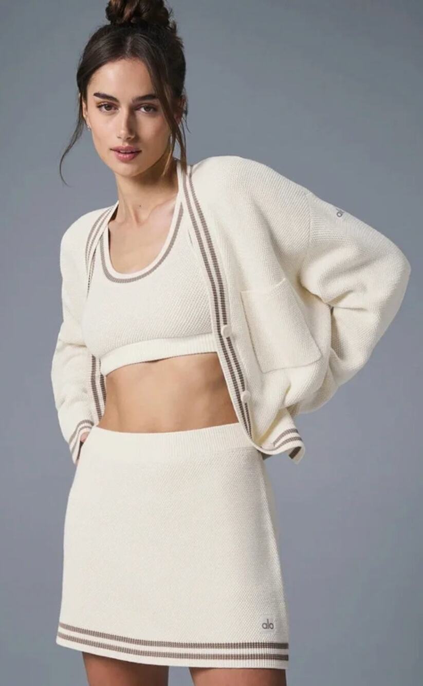 Alo Yoga Sweater Womens Small Tennis Club Sweater Knit Cardigan in Ivory Preppy